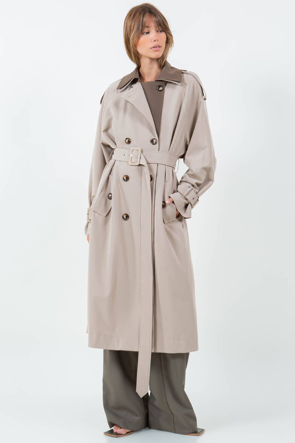 CONTRAST DOUBLE BREASTED TRENCH COAT