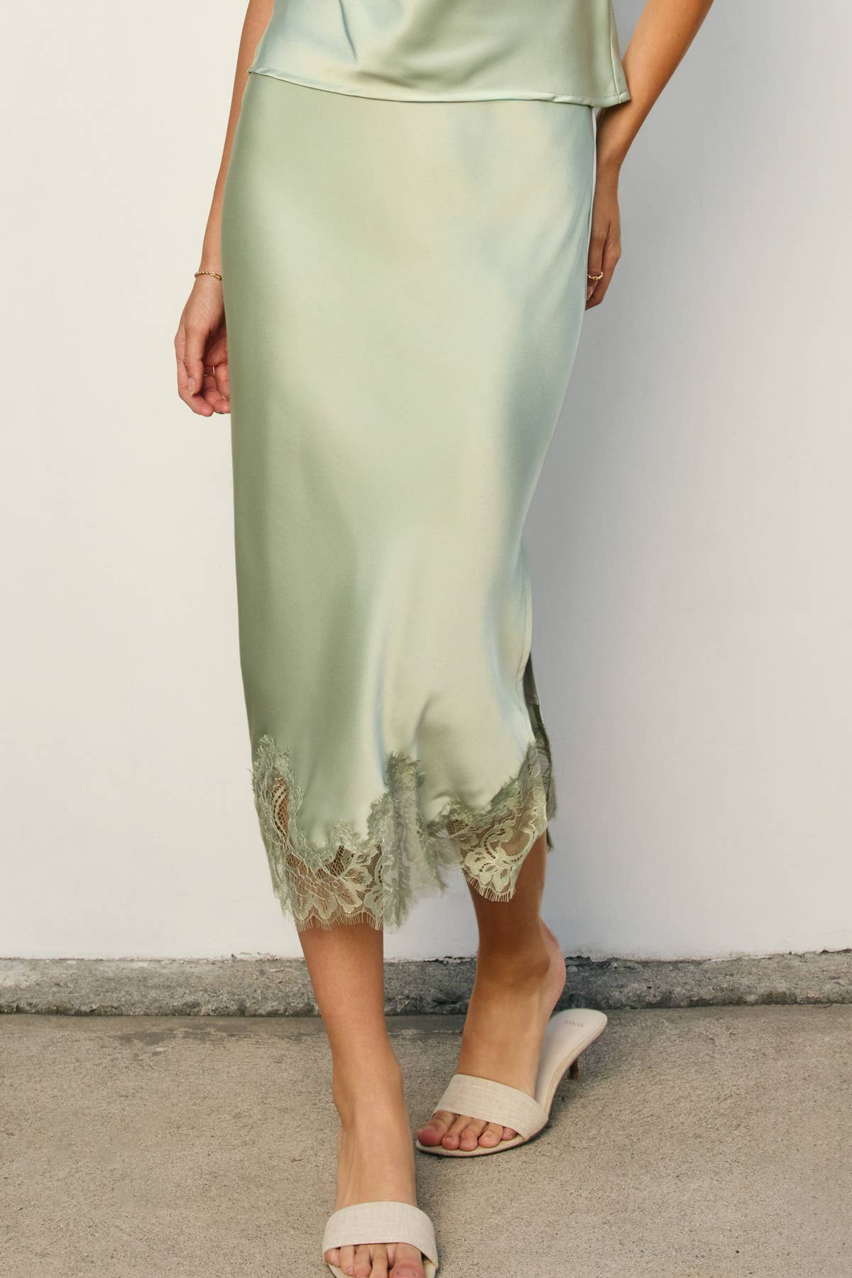 Powder Blue Lined Satin Pencil Skirt with Lace Hem