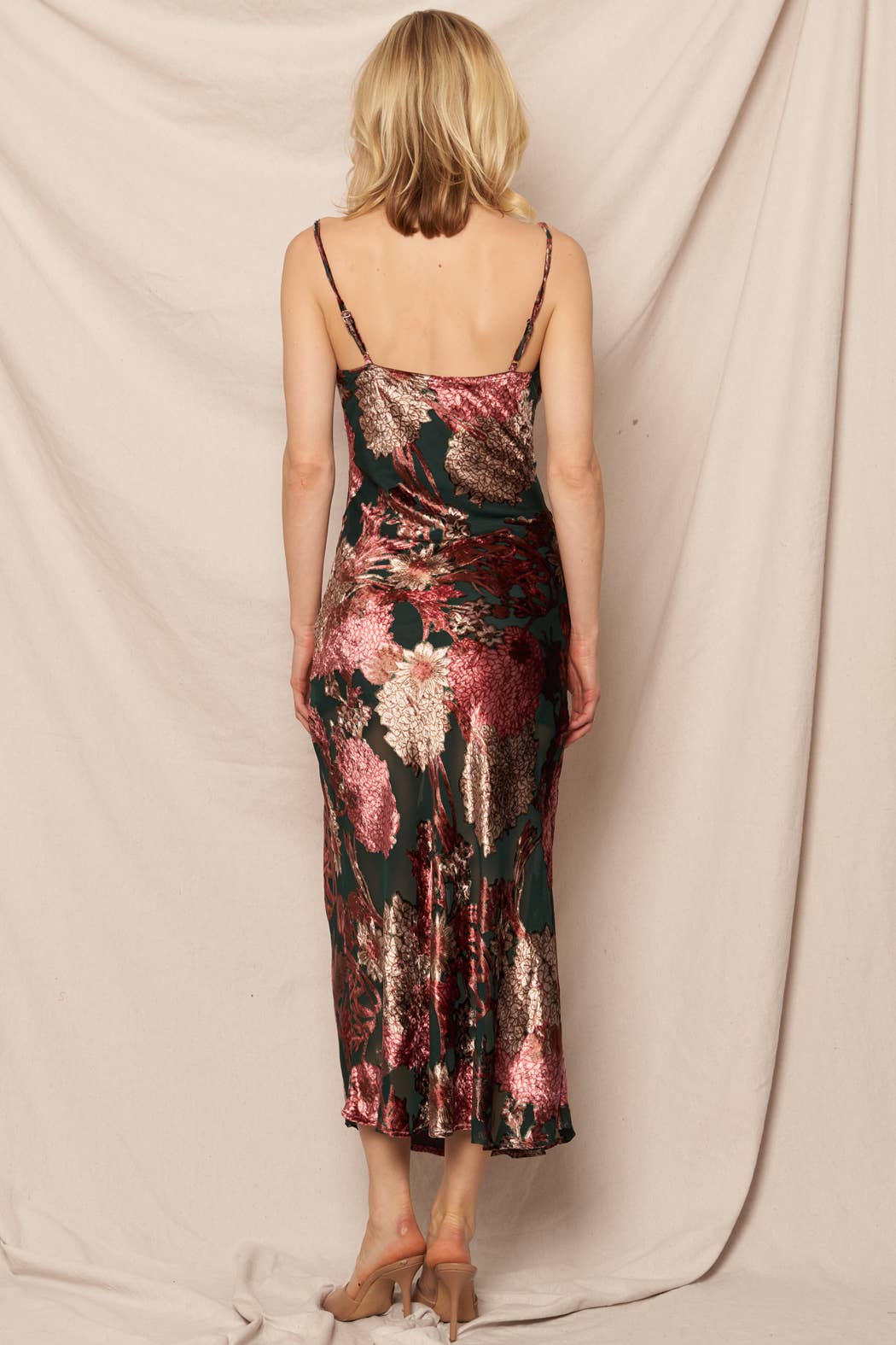 Dark Green Cowl Neck Floral Print Midi Dress