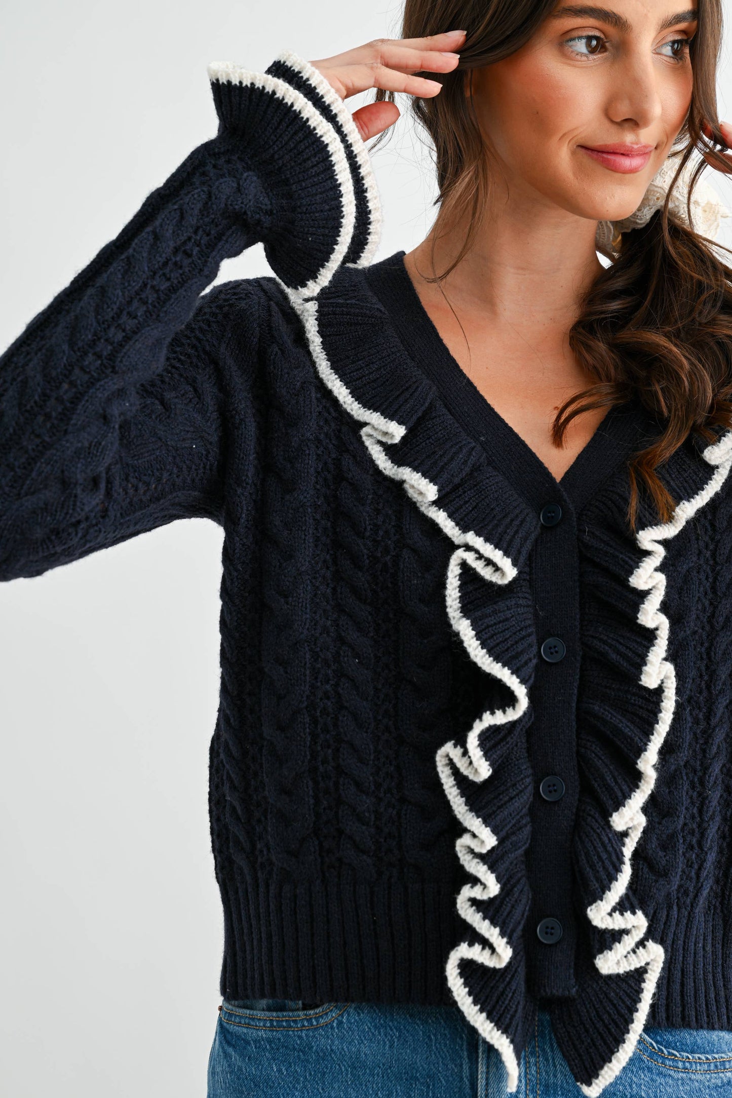 Cool Blue Ruffled Cable Knit Cardigan