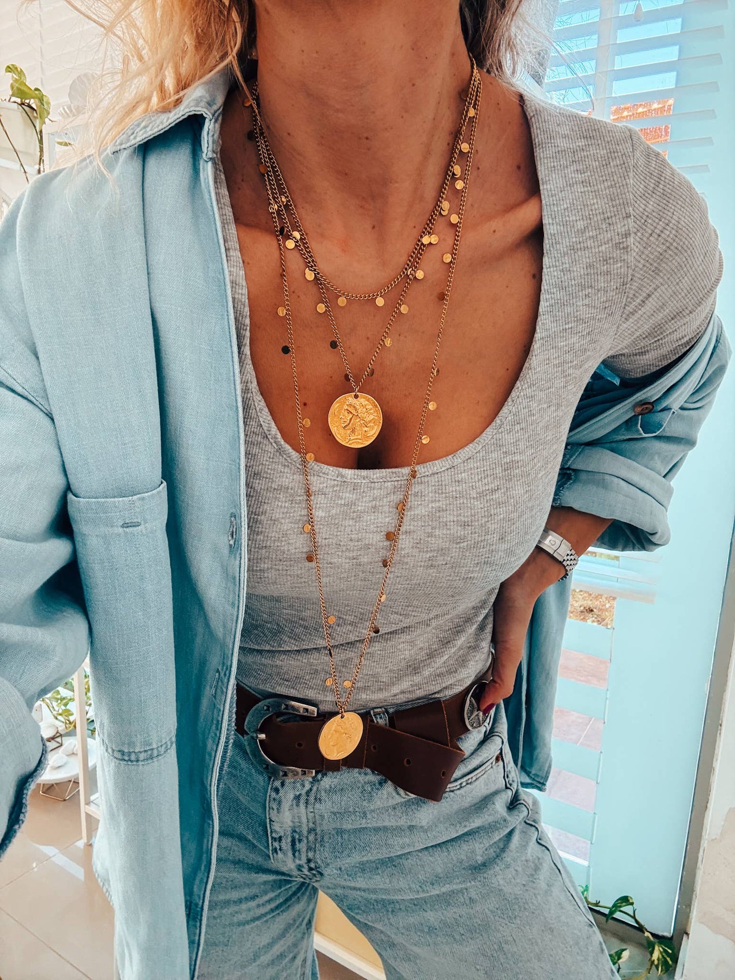 Gold Layer Chain Necklace with Large Ancient Coin