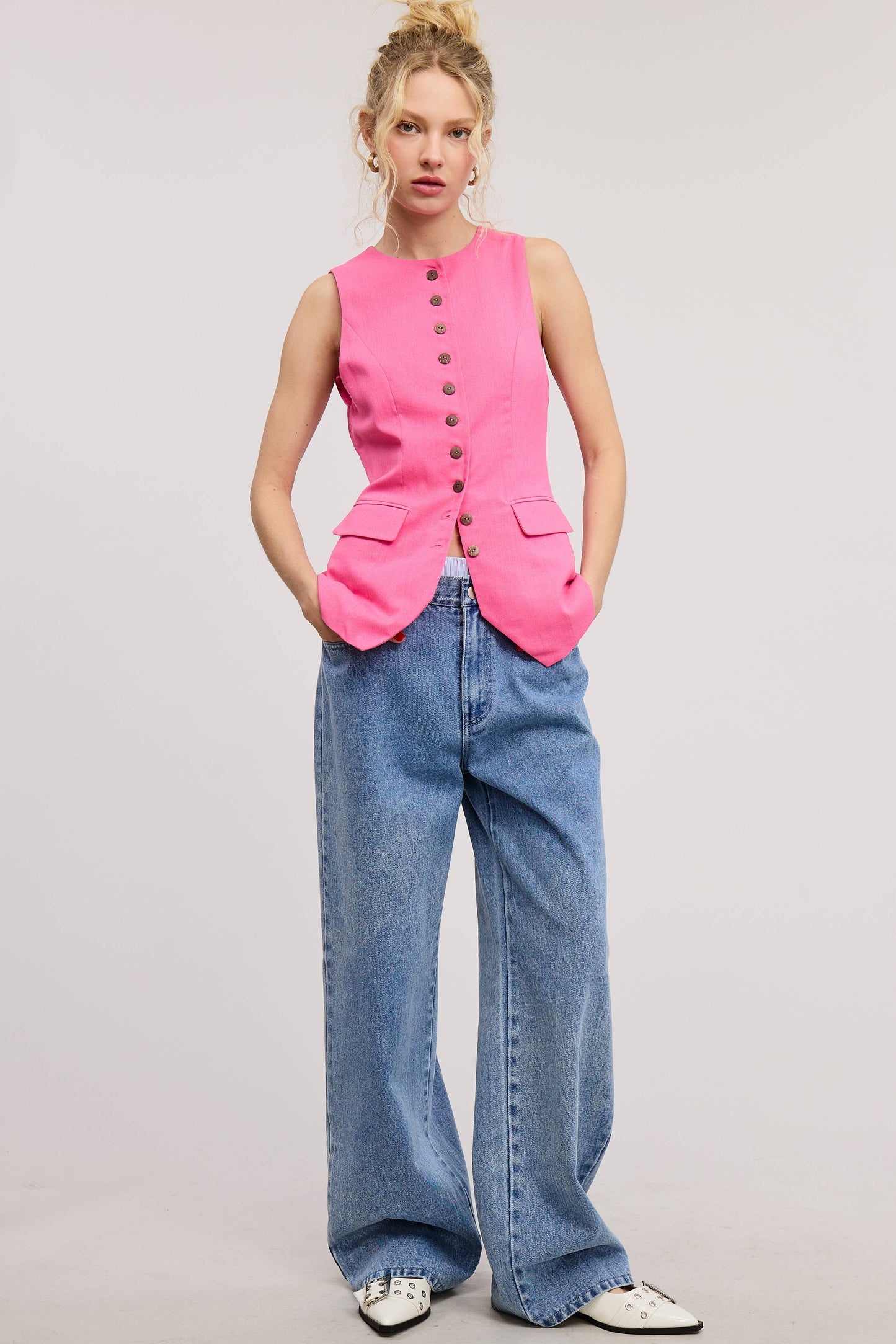 TAILORED BUTTONED VEST ADJUSTABLE BACK BELT