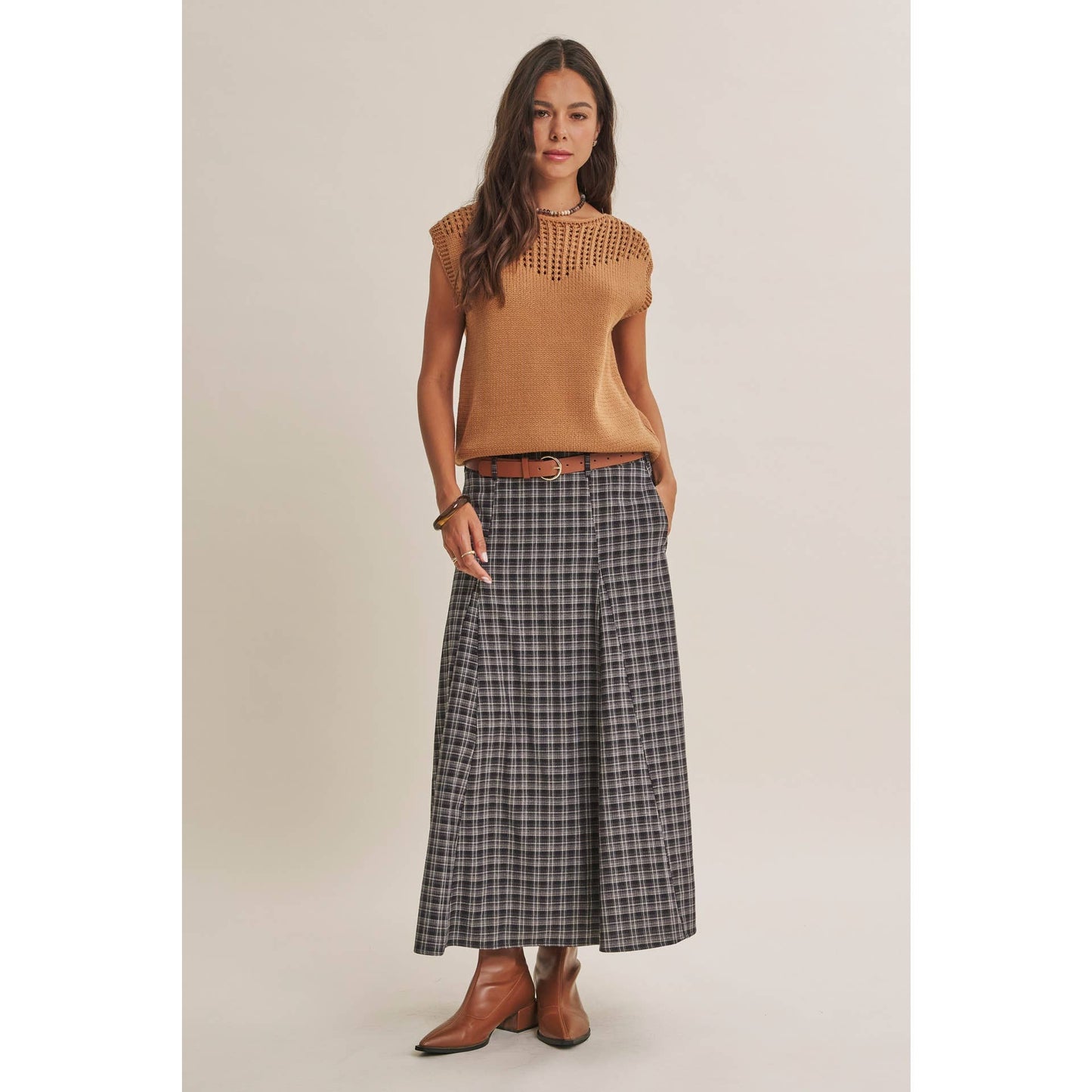 Heritage Plaid Flare Maxi Skirt with Belt