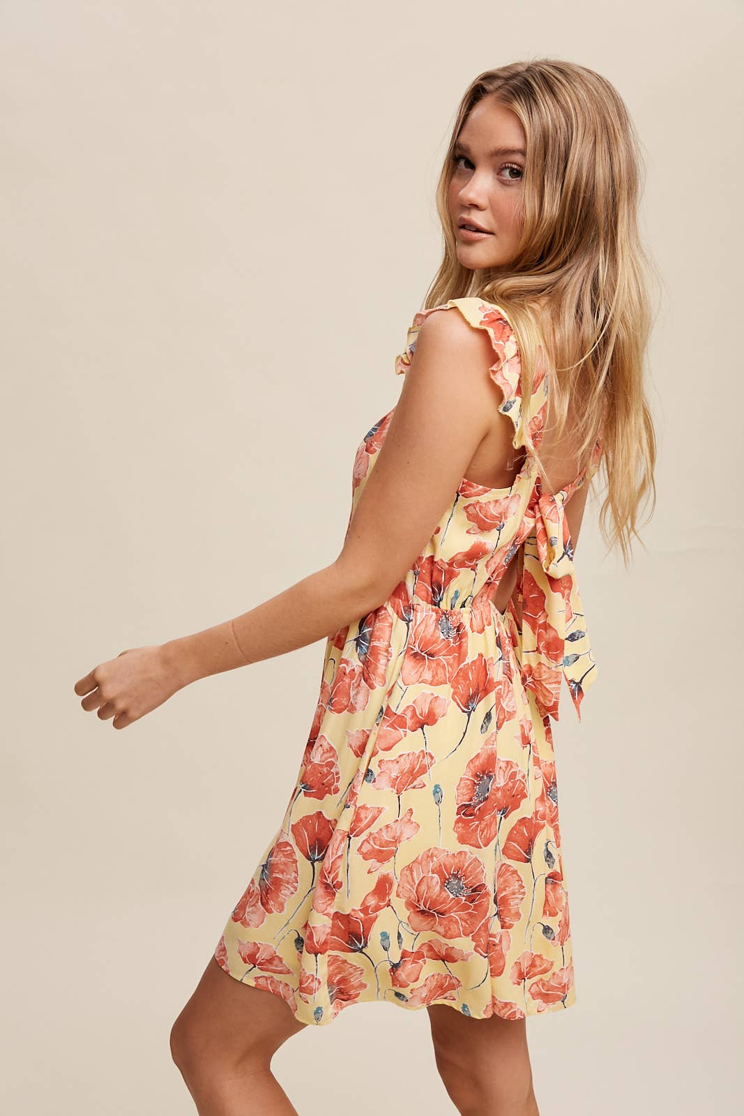 Poppy Floral Ruffle Strap Tie-Back Mini Dress
