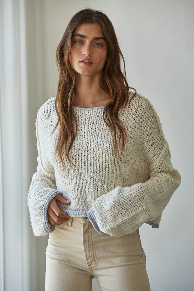Bohemian Knit Capsule Sweater With Contrast Hems & Wide Sleeves