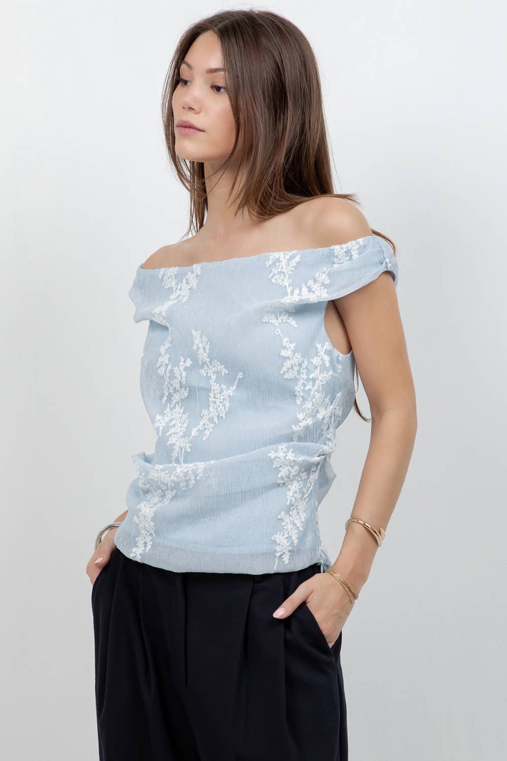 Embroidered Floral Soft Off Shoulder Blouse Powder Blue