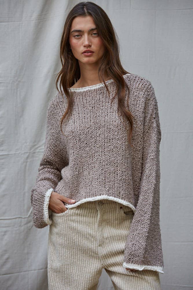 Bohemian Knit Capsule Sweater With Contrast Hems & Wide Sleeves