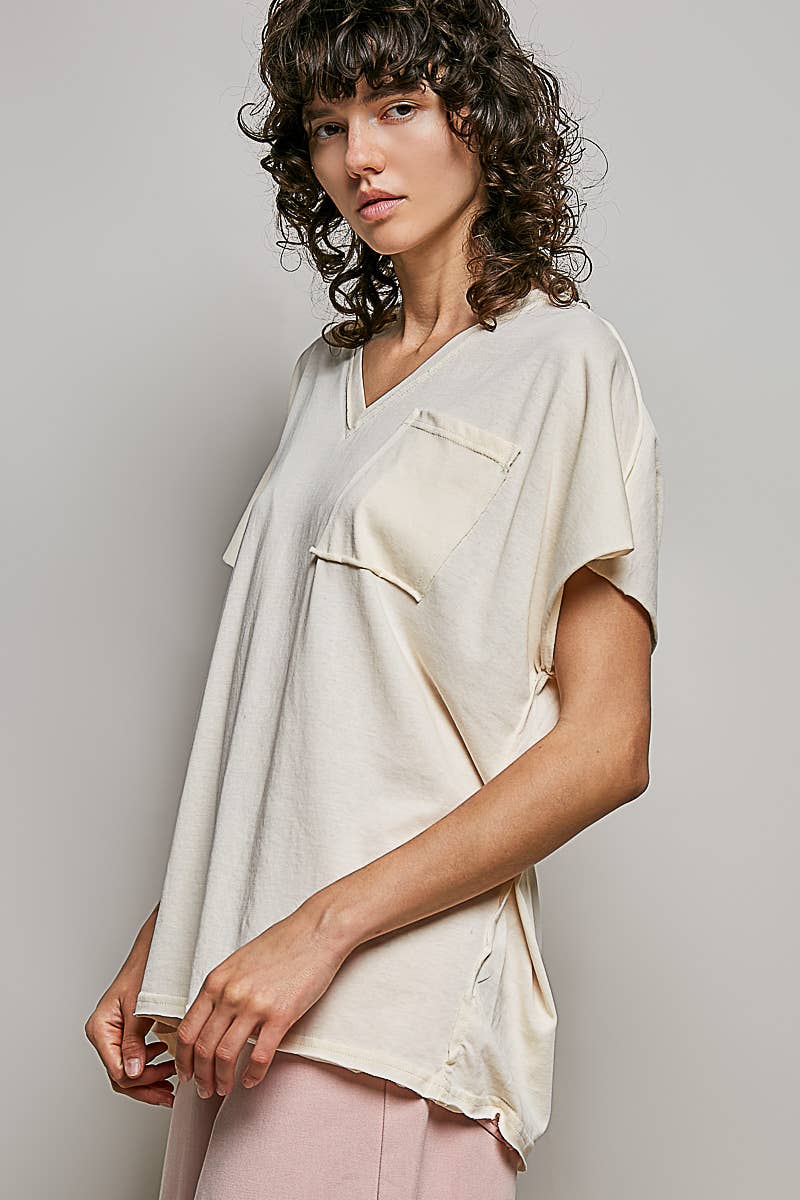Boho Hand Dip Dye V-Neck T-shirt with Short Sleeves and Front Pocket
