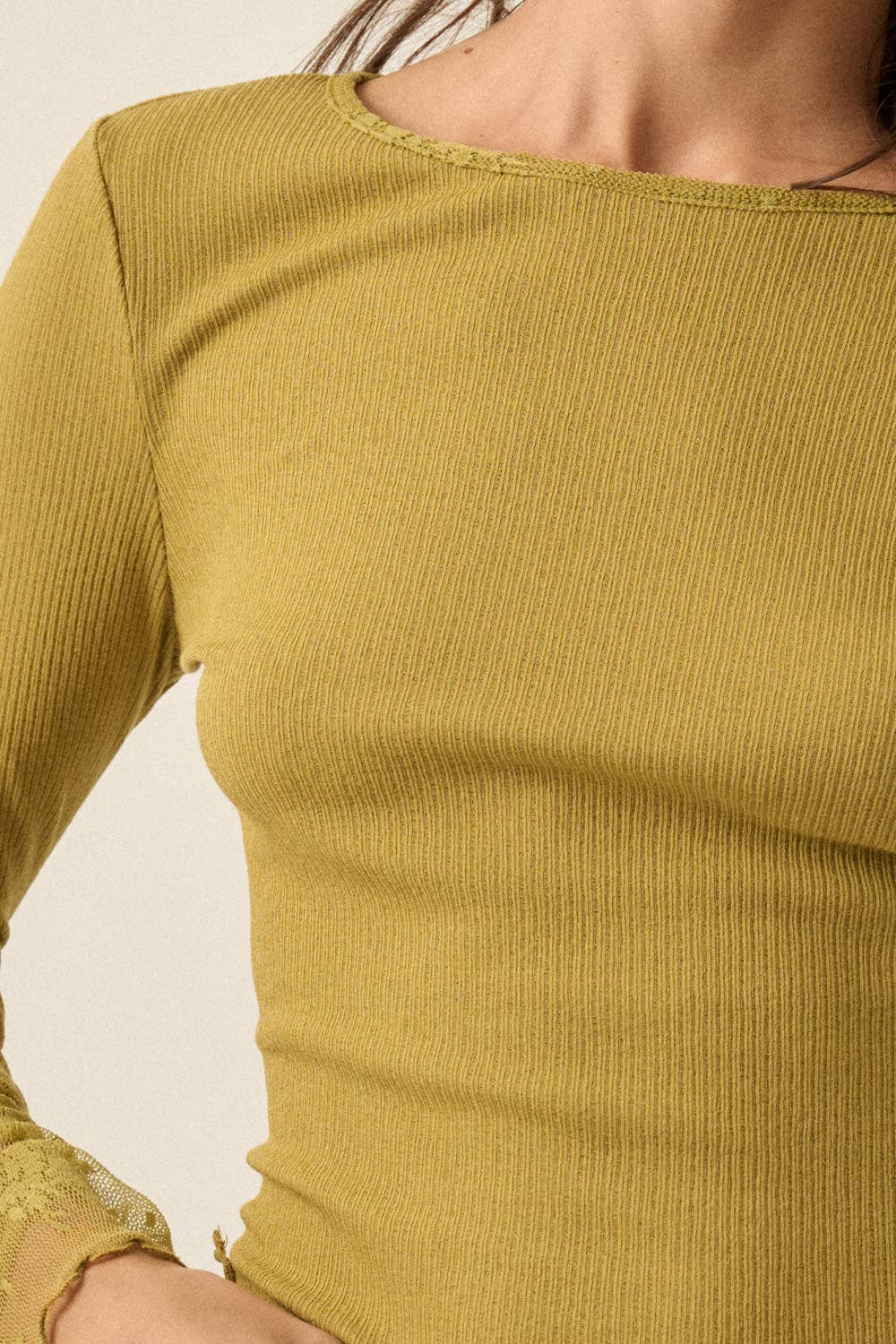 Solid Ribbed Knit Long-Sleeve Lace-Cuff Fitted Top