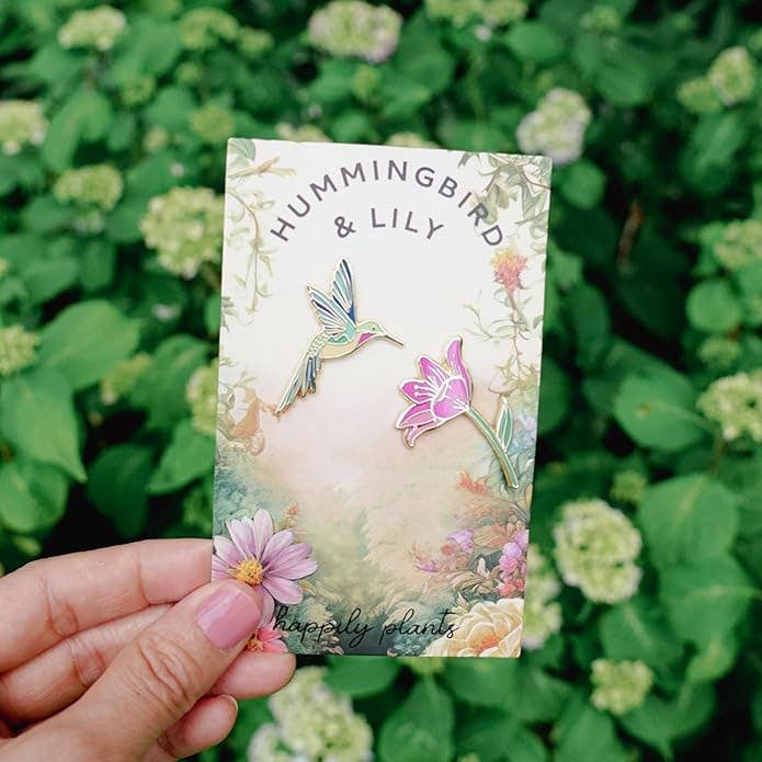 Hummingbird & Pink Lily Flower Gift Pin Set