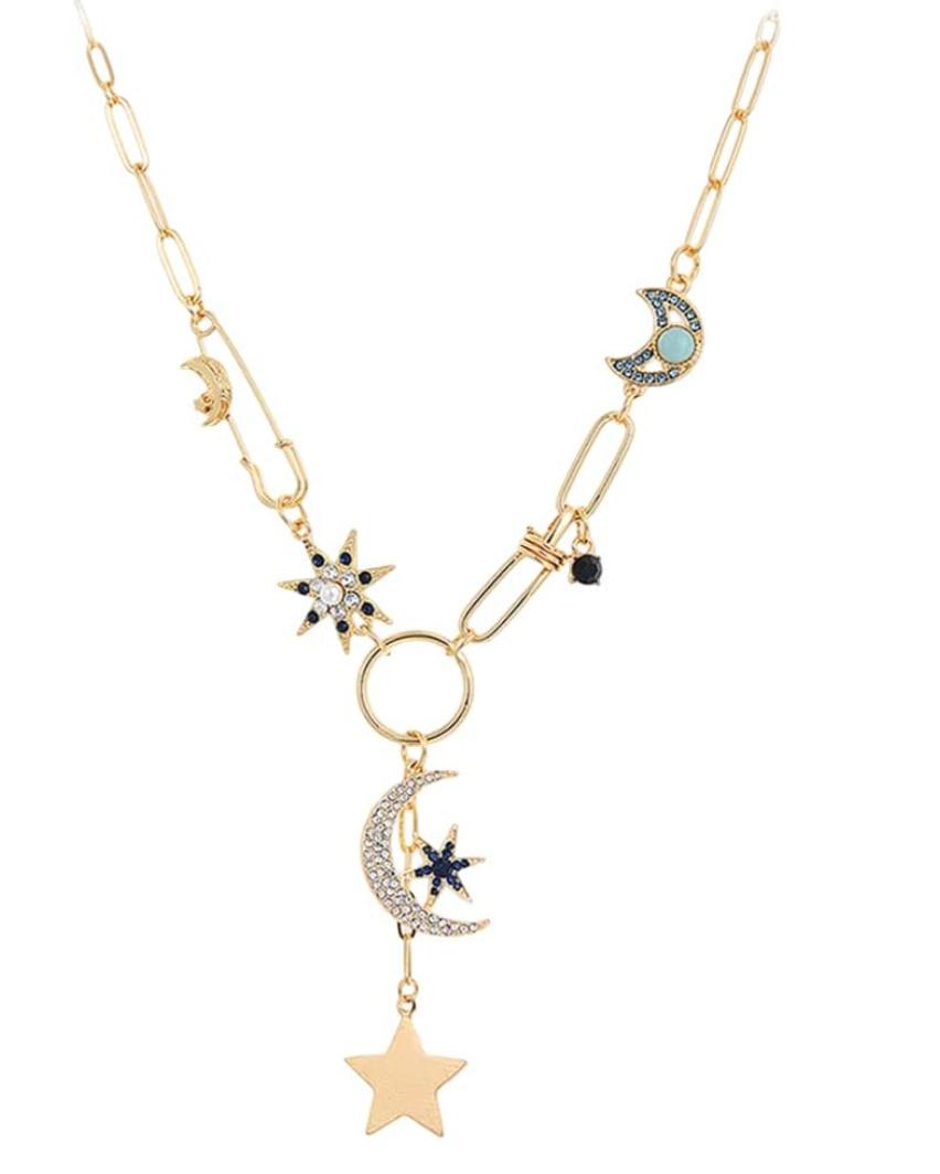 Celestial Coin, Paperclip, and Hamsa Charm Necklace with Lariat Moon and Sapphire Stars