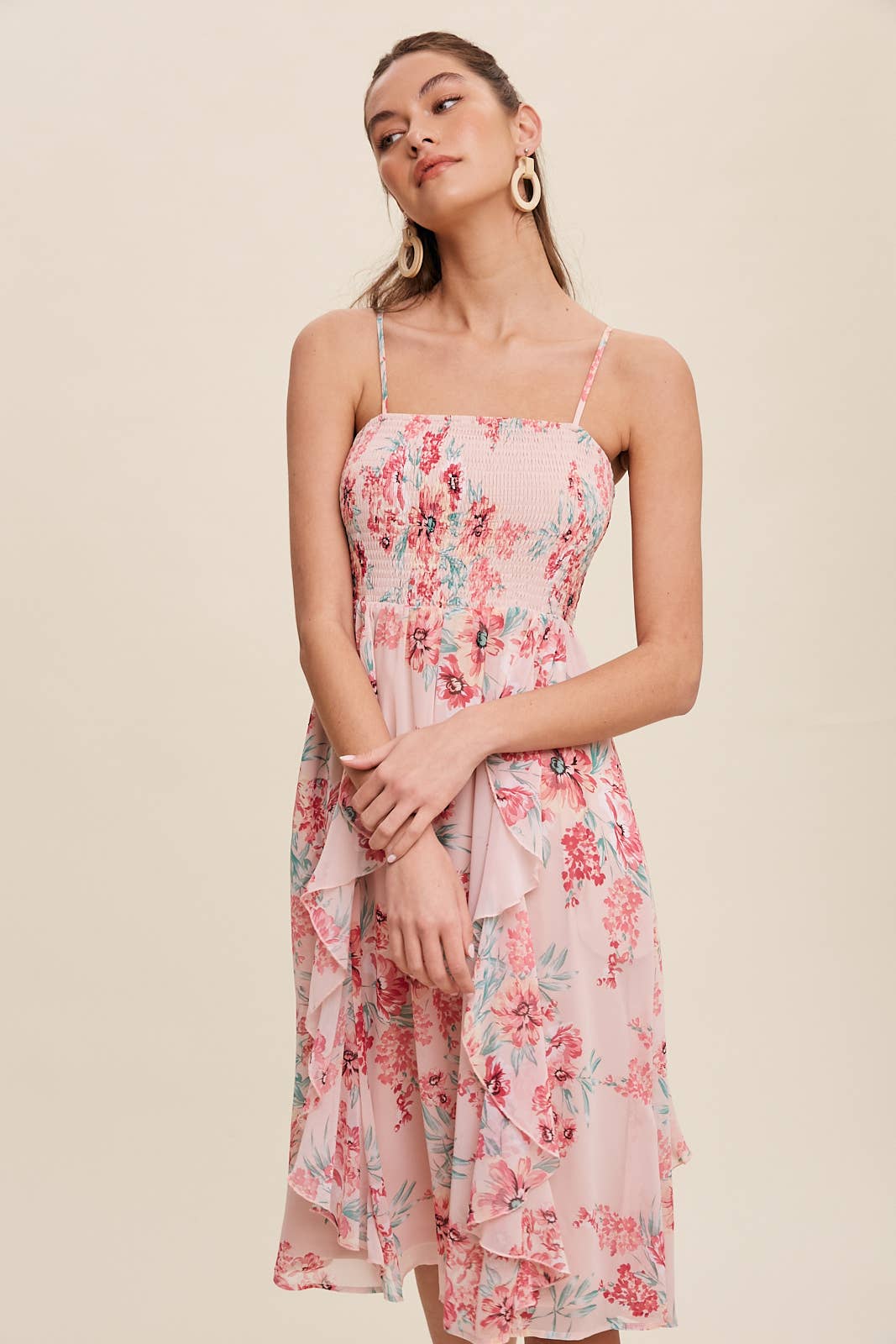 Pretty Pink Floral Chiffon Midi Dress