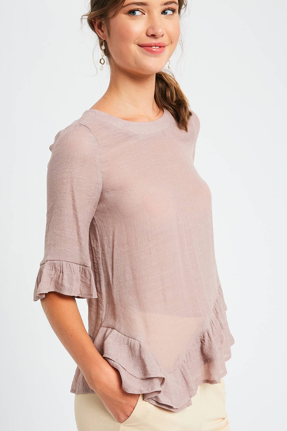 3/4 Sleeve Ruffle Hem Feminine Blouse