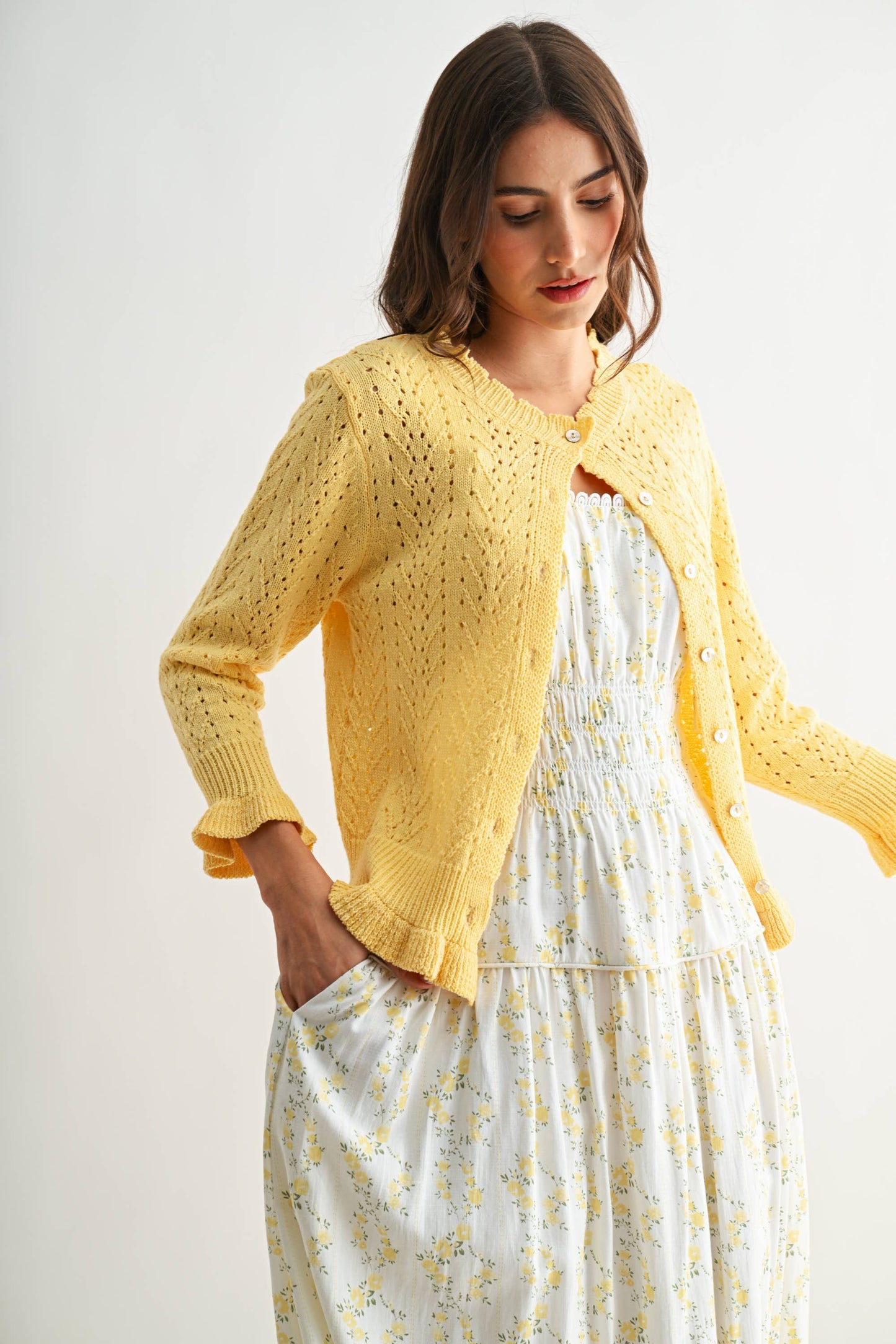 Lemon Yellow 3/4 Sleeve Knit Cardigan