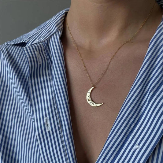 14K Crescent Moon Pendant Necklace With Opals and Crystal