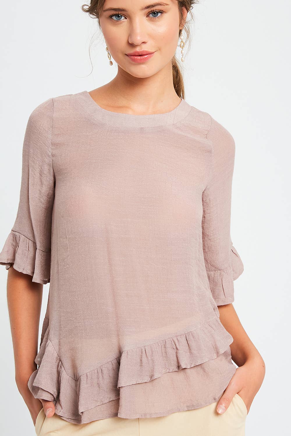3/4 Sleeve Ruffle Hem Feminine Blouse