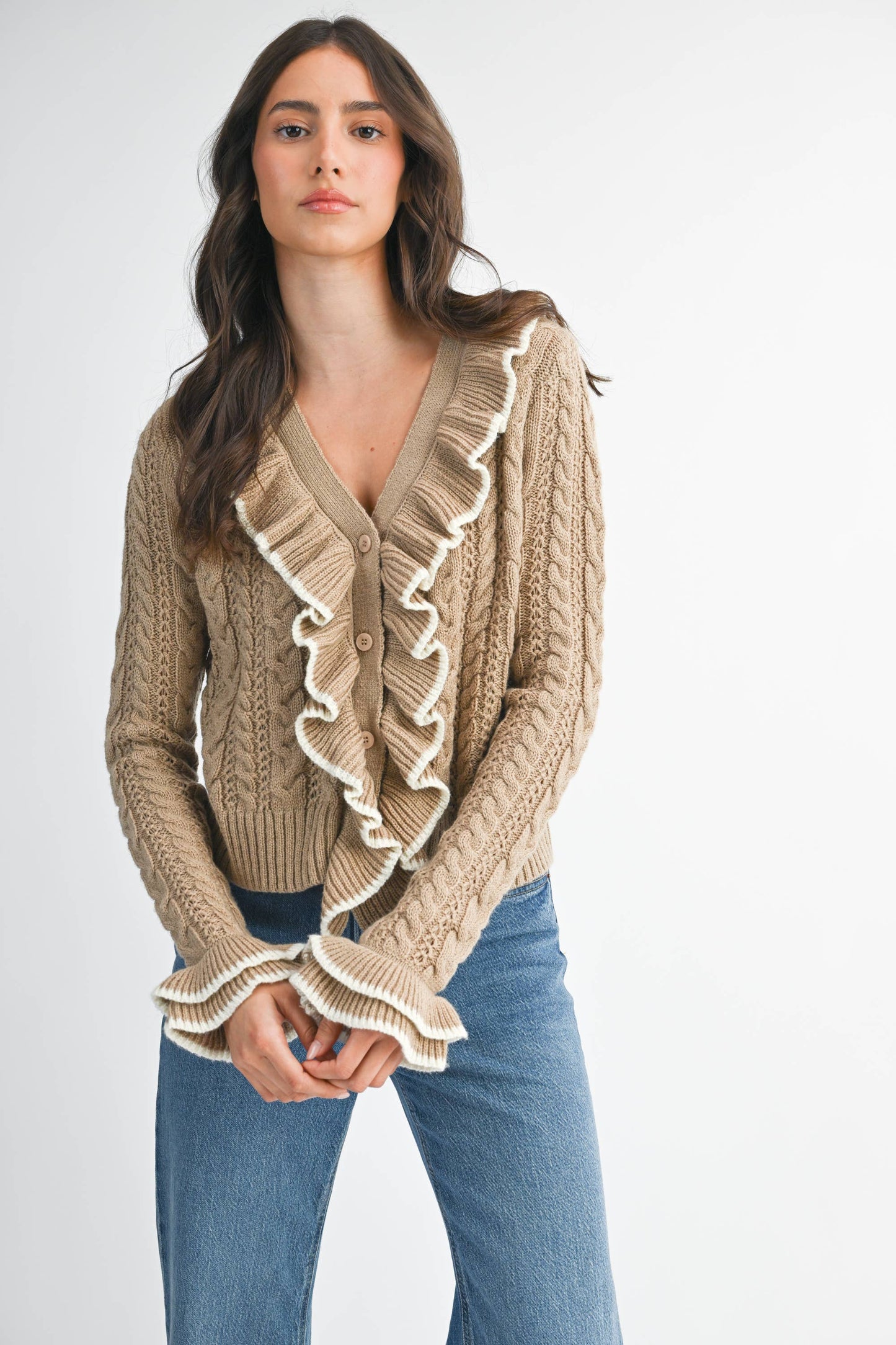 Cool Blue Ruffled Cable Knit Cardigan