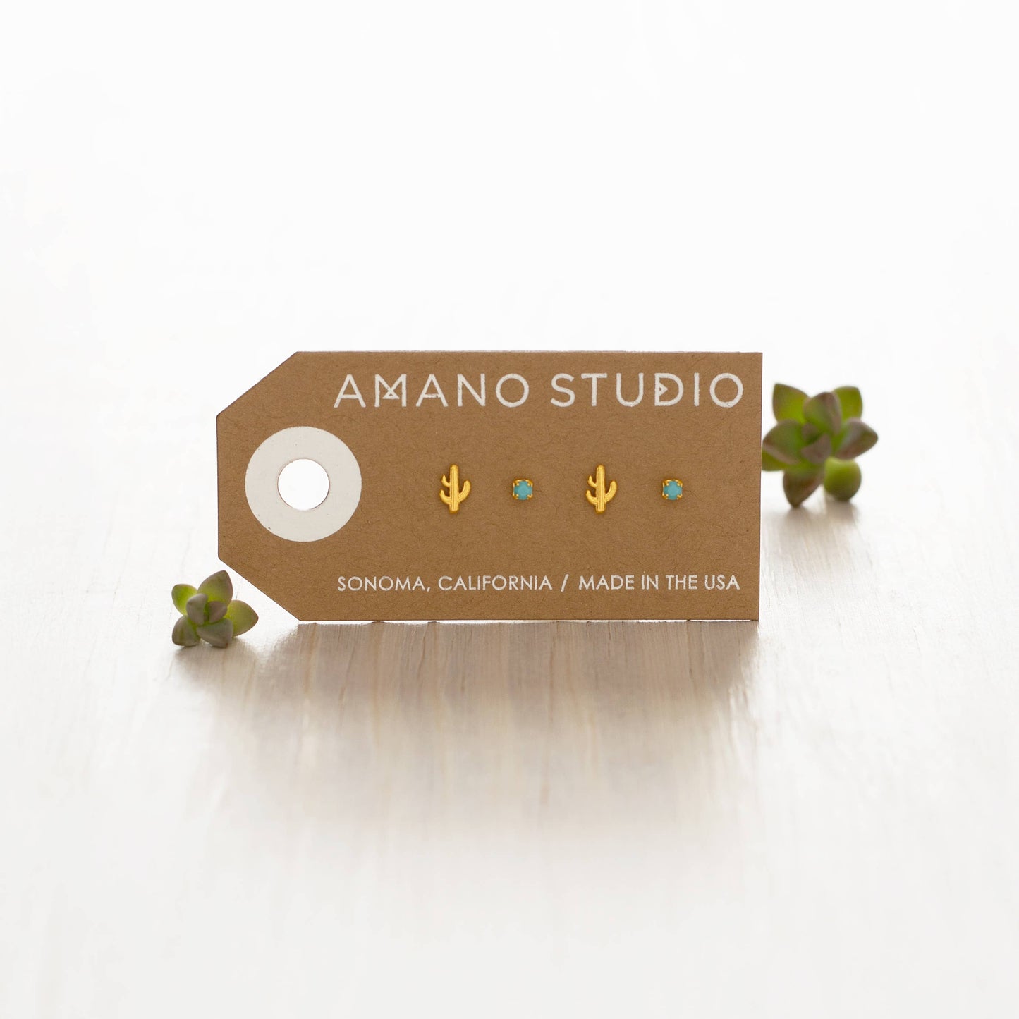 Cactus + Turquoise Stud Earring Set 14K gold plated brass