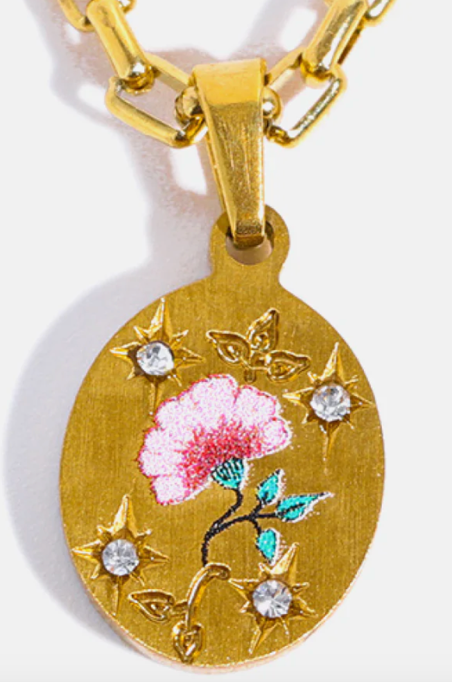 Poppy Painted Enamel Talisman Necklace - Engraved - Steel 14K