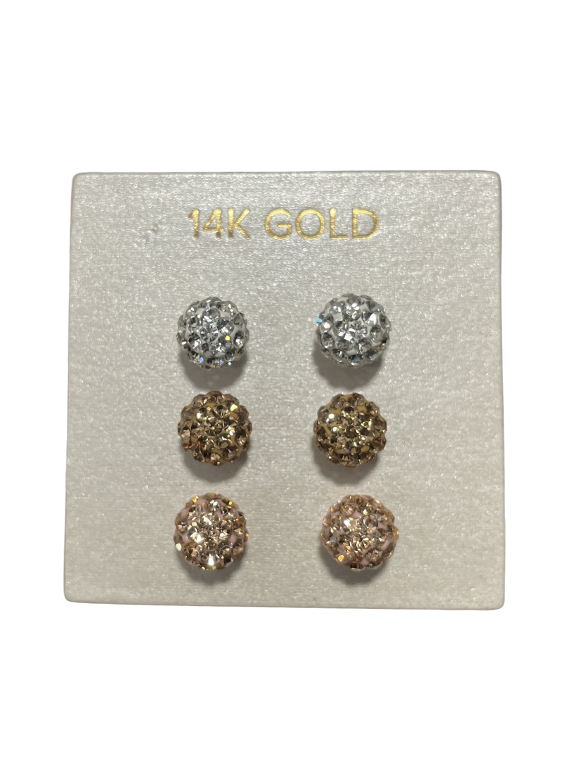 3 Pack Sparkling 14K Gold Stud Earrings