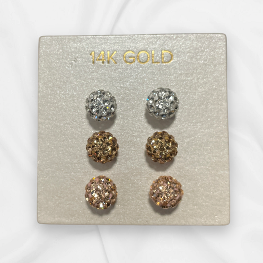 3 Pack Sparkling 14K Gold Stud Earrings