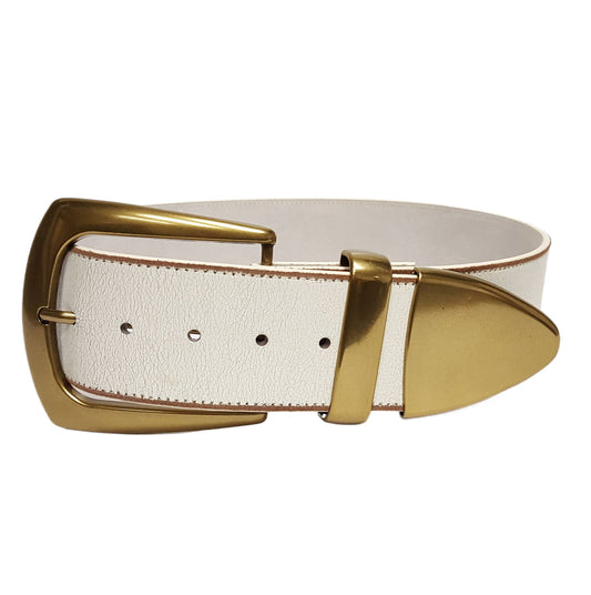Gold and Silver Wide White Leather Belt with Statement Buckle