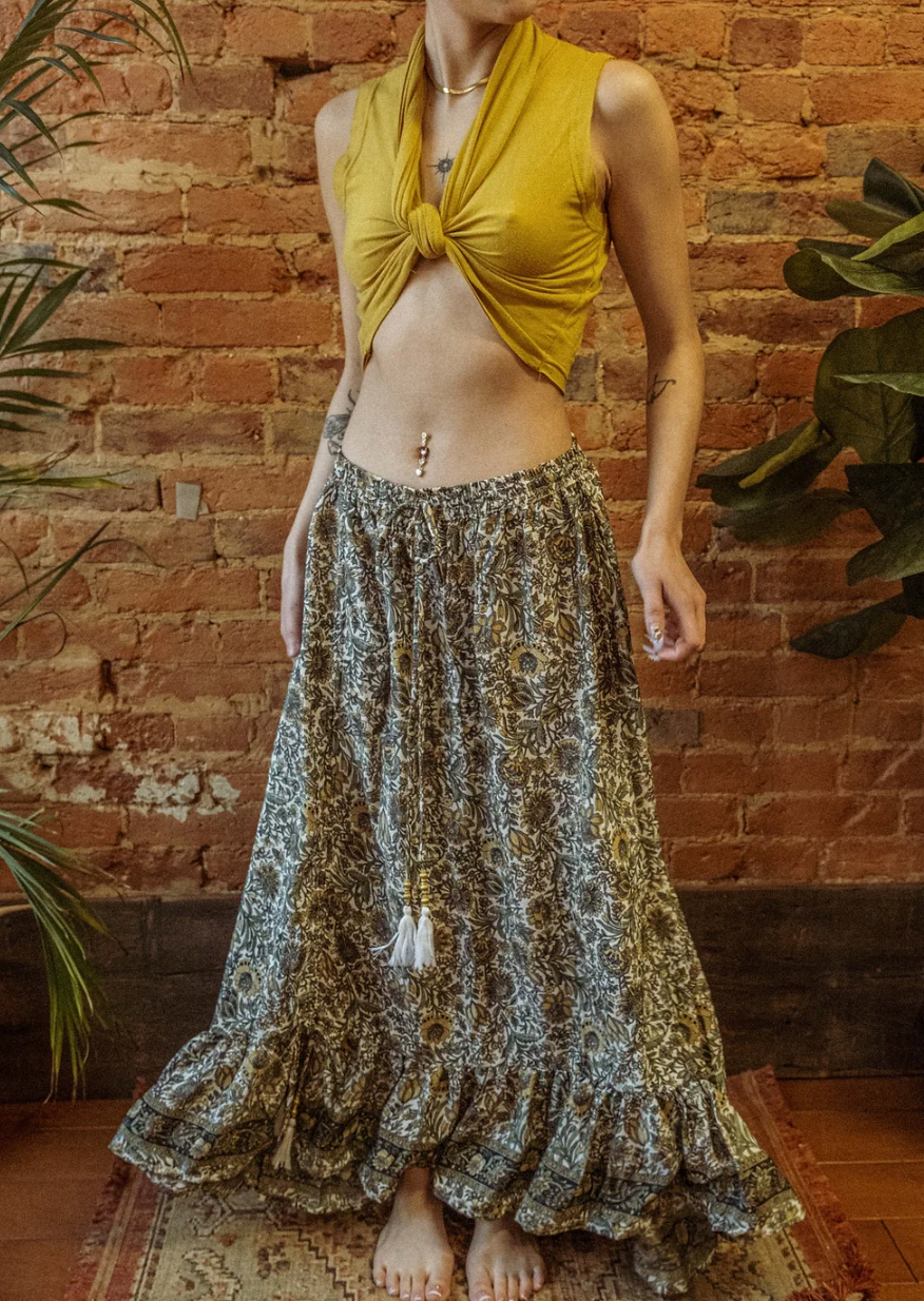Silk Ruffle Maxi Skirt with Cinch & Flowers
