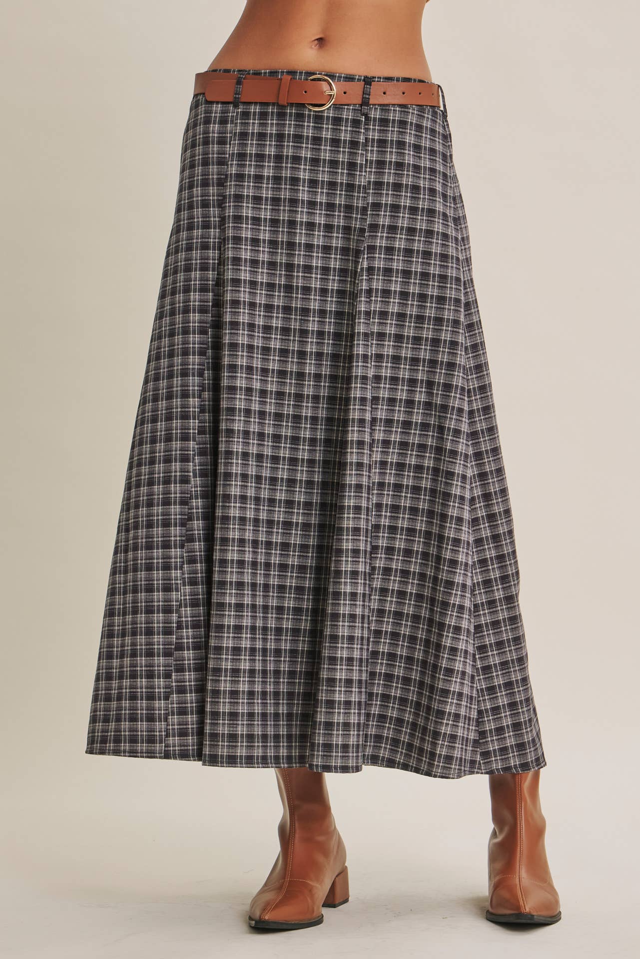Heritage Plaid Flare Maxi Skirt with Belt