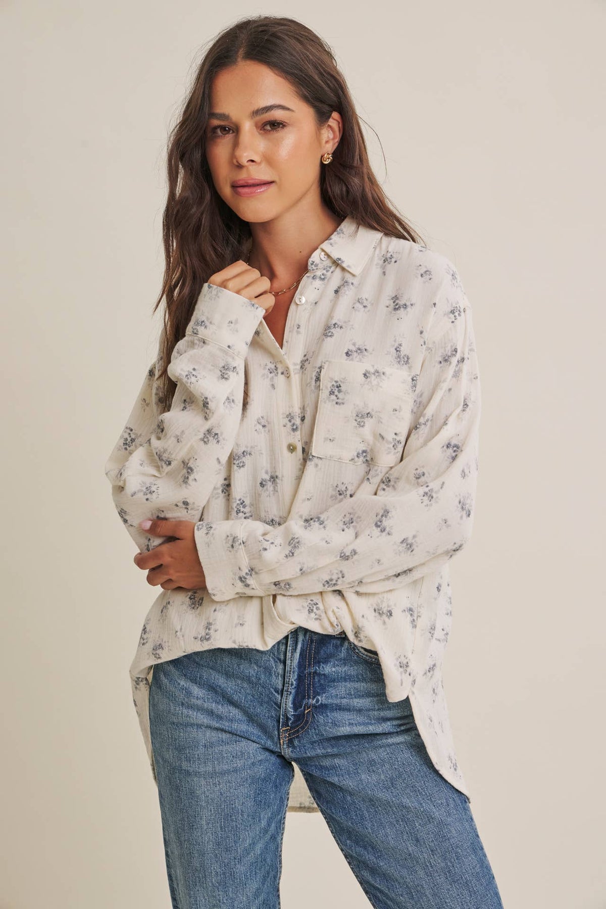 Soft Floral Cotton Relaxed Fit Button Down Shirt