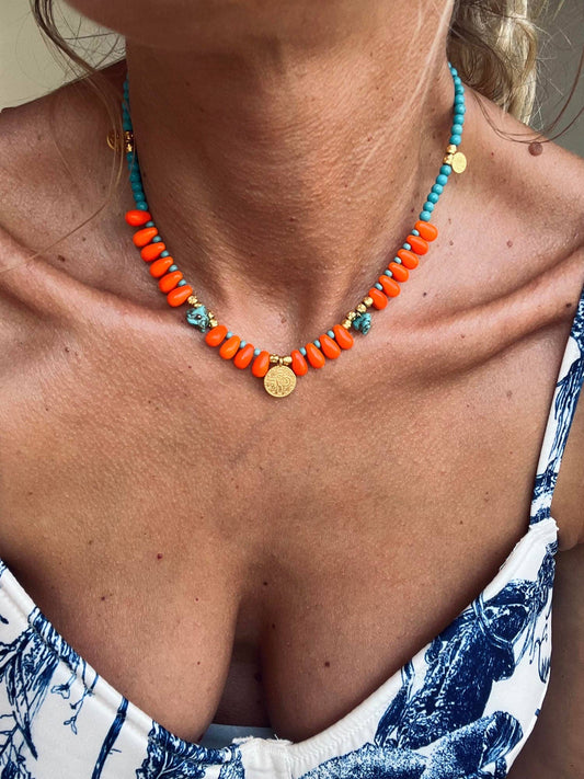 Turquoise and orange beaded summer necklace