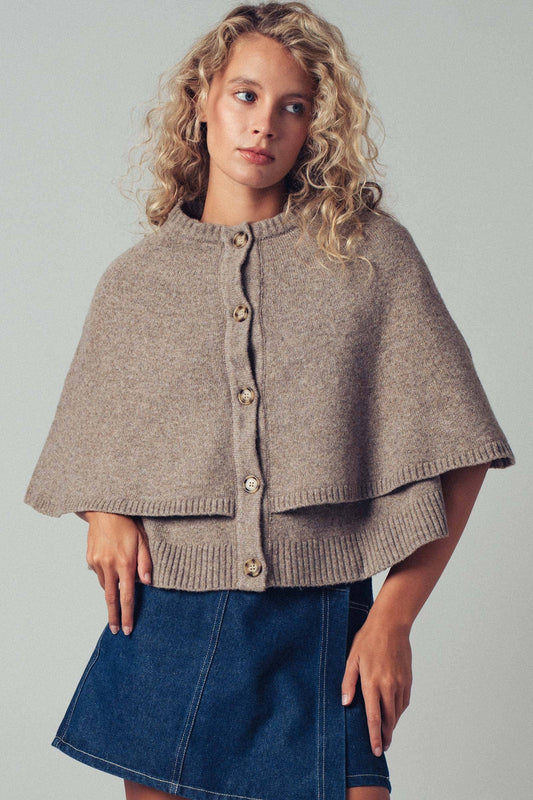 Wool Blend Button-Front Sweater Cape