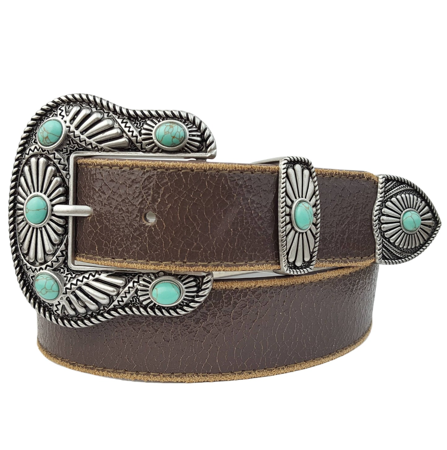 Vintage White Leather Belt with Western Turquoise Buckle Set