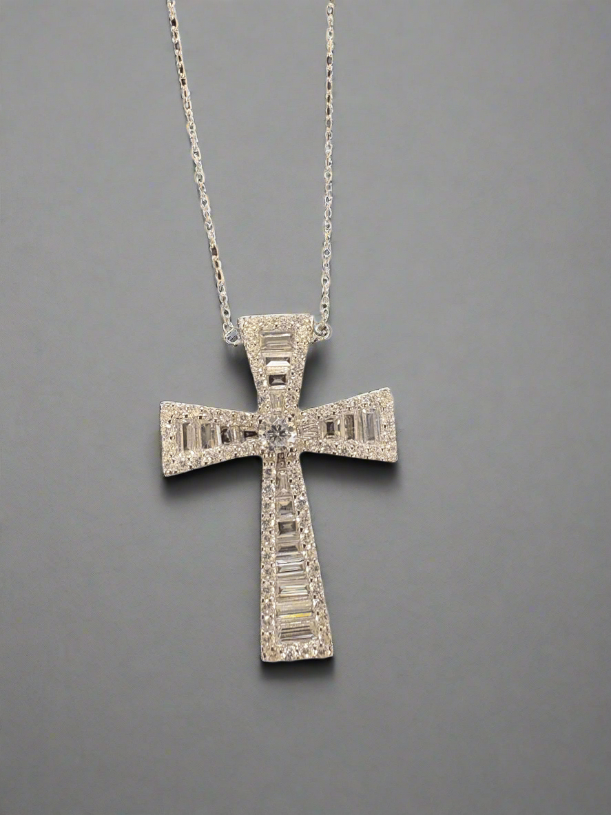 Sterling Silver Cross Necklace with Baguette Crystals