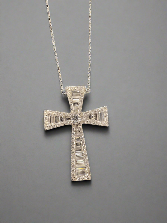 Sterling Silver Cross Necklace with Baguette Crystals