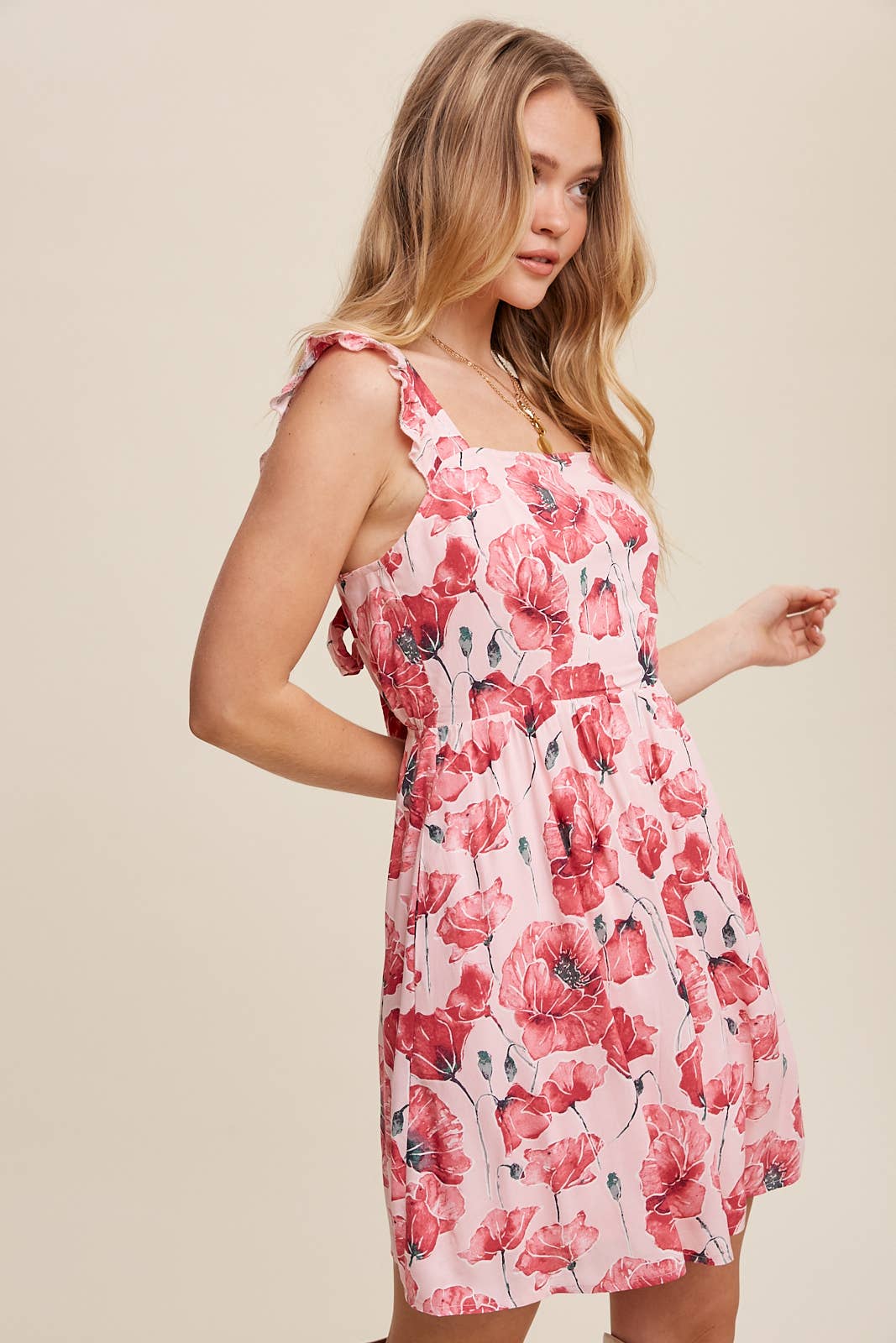 Poppy Floral Ruffle Strap Tie-Back Mini Dress