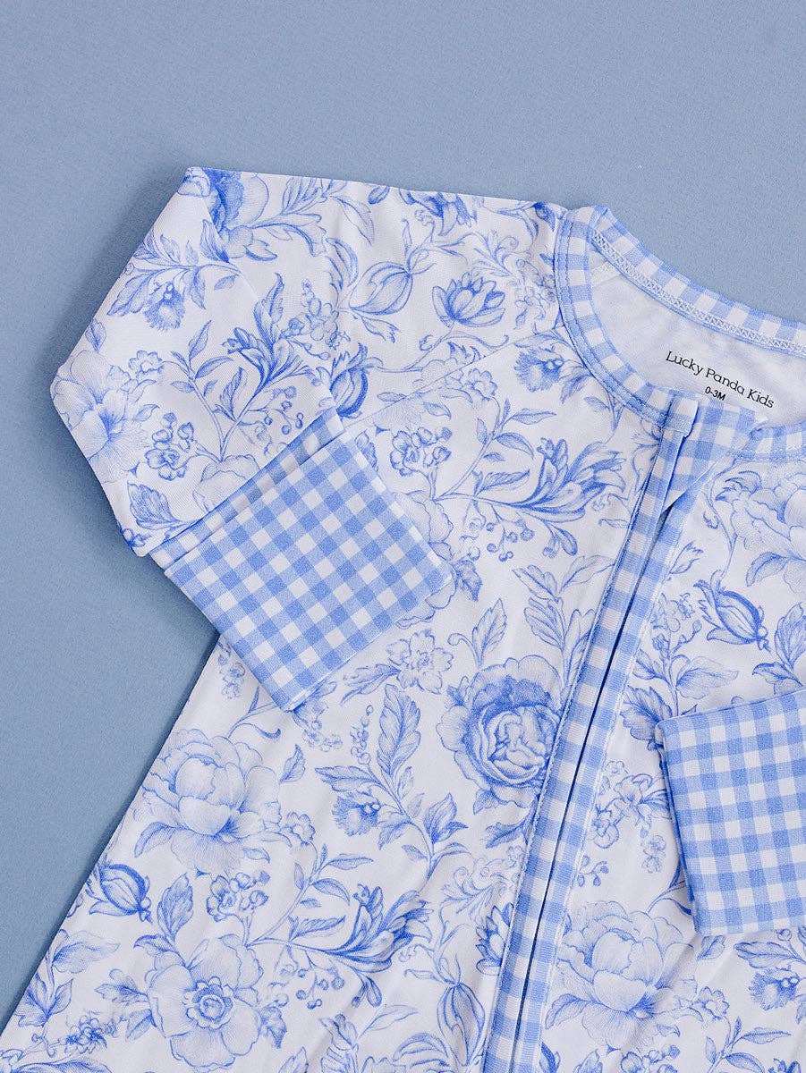 Baby Bamboo Zip Romper Footie & Mittens - Mommy and Me Blue Flowers