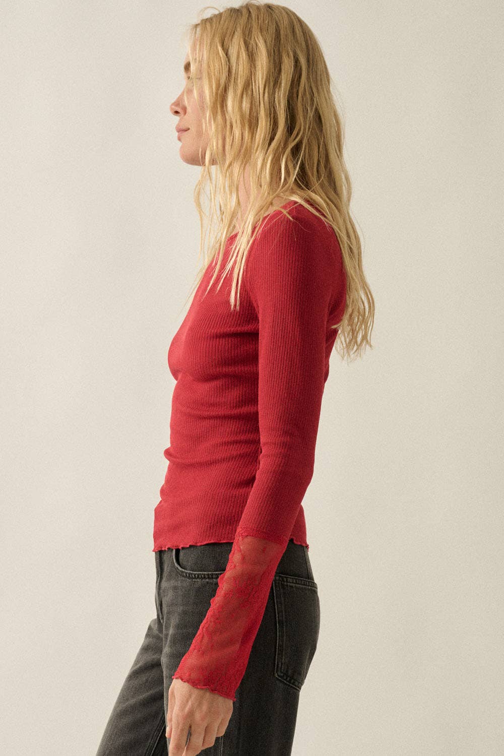 Solid Ribbed Knit Long-Sleeve Lace-Cuff Fitted Top