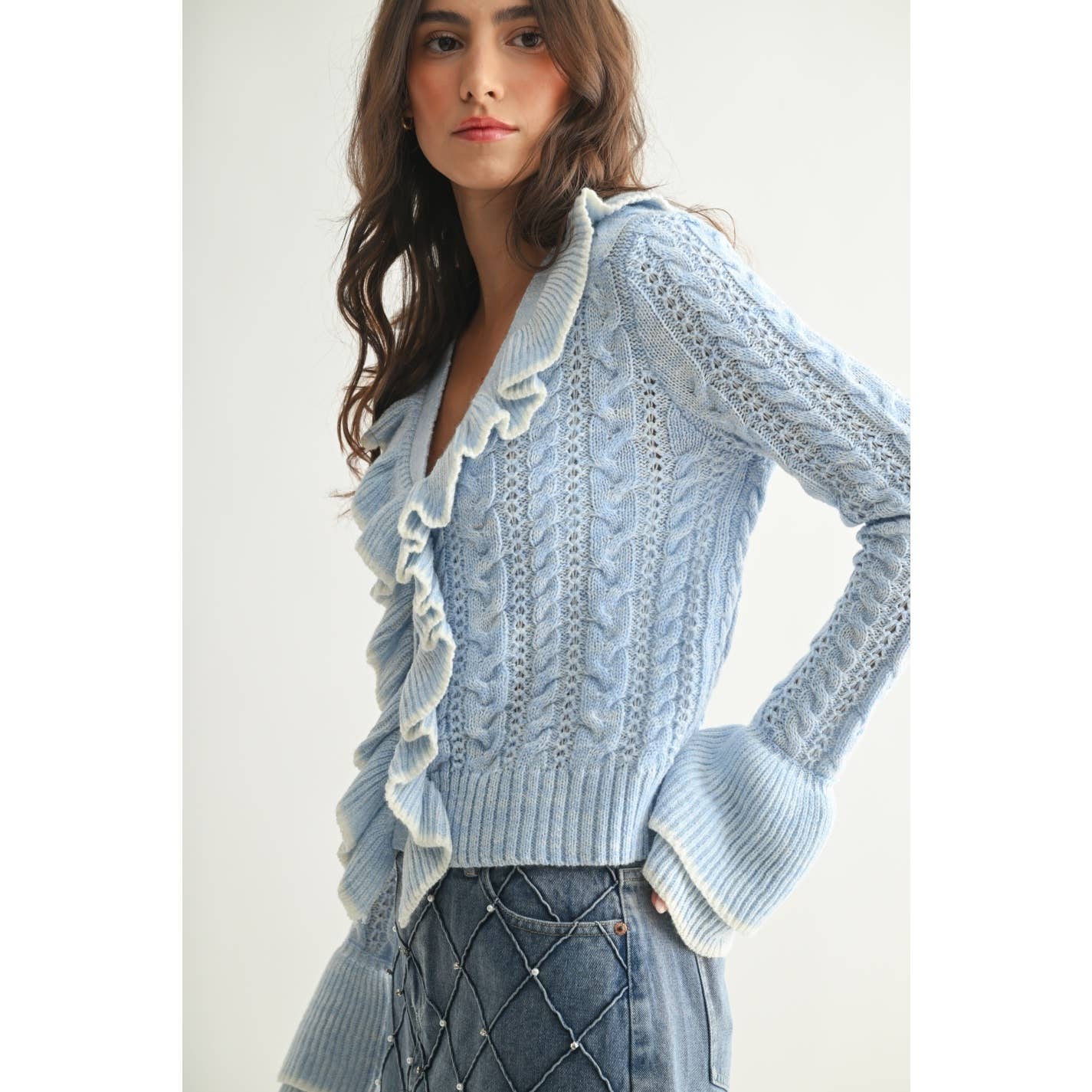 Cool Blue Ruffled Cable Knit Cardigan