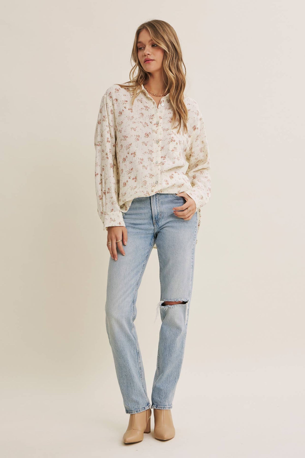 Soft Floral Cotton Relaxed Fit Button Down Shirt