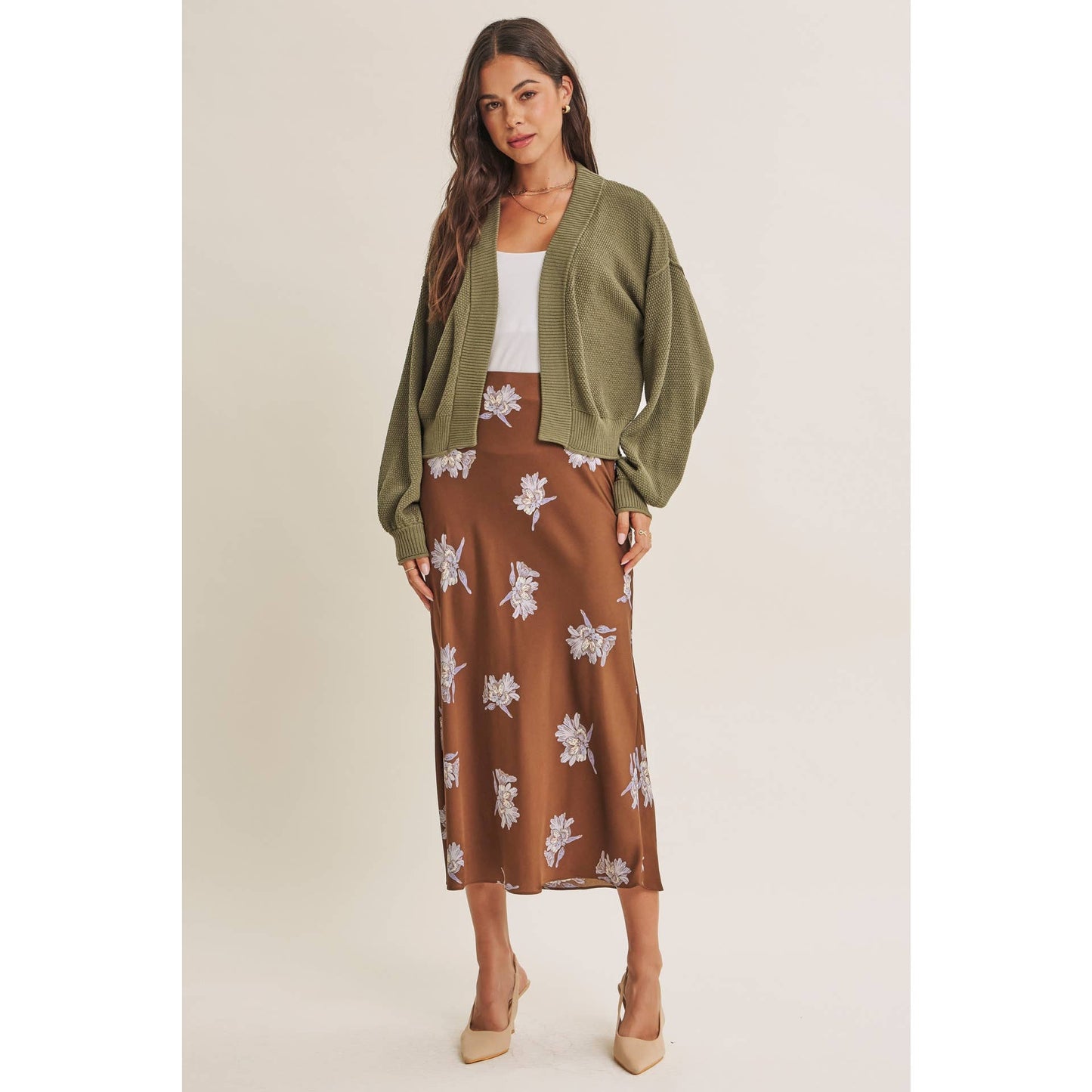 Date Night Satin Floral Midi Skirt