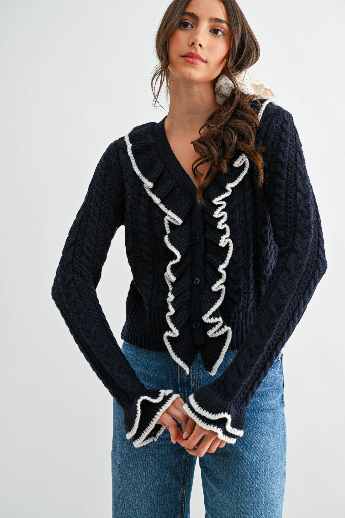 Cool Blue Ruffled Cable Knit Cardigan