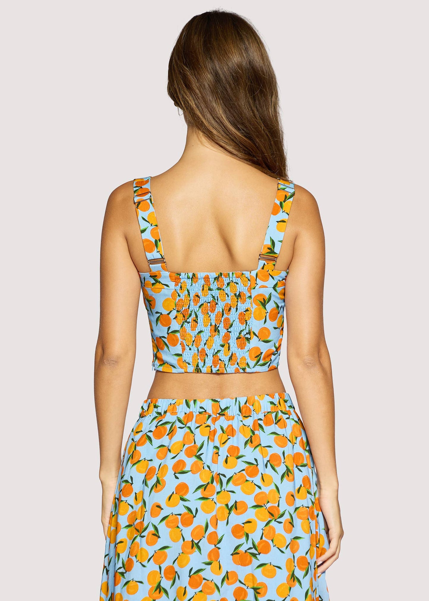 Citrus Print Orange Soiree Button up Sleeveless Blouse