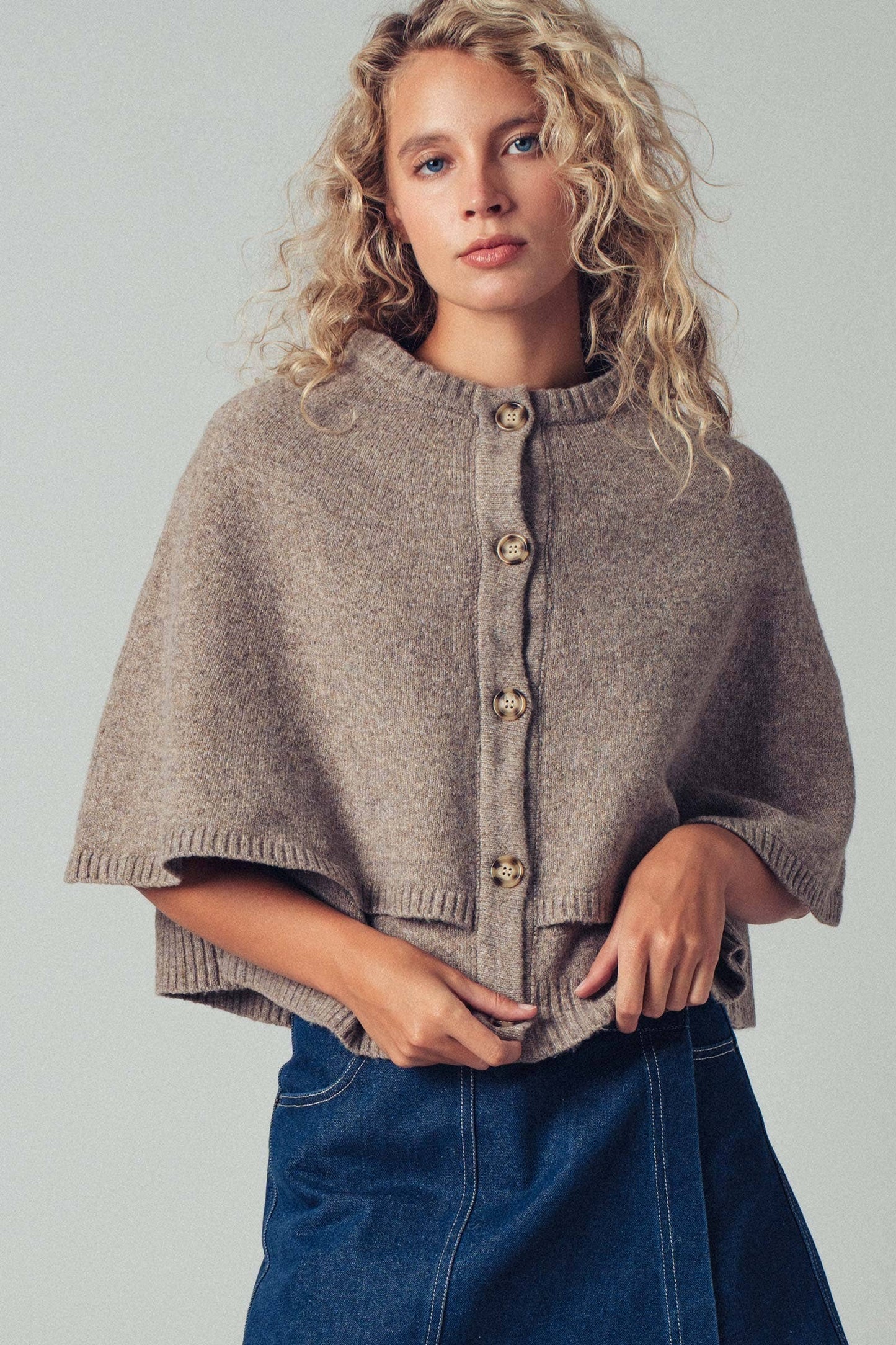 Wool Blend Button-Front Sweater Cape