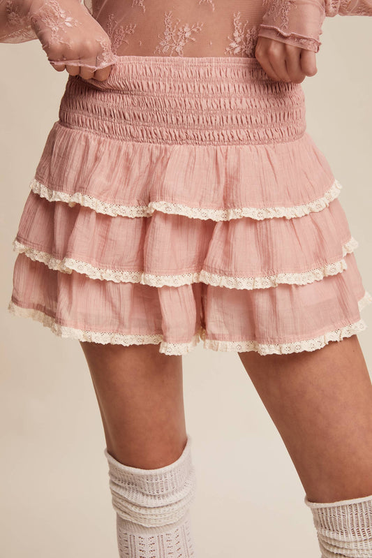 Boho Tiered Ruffle Lace Trim Skort