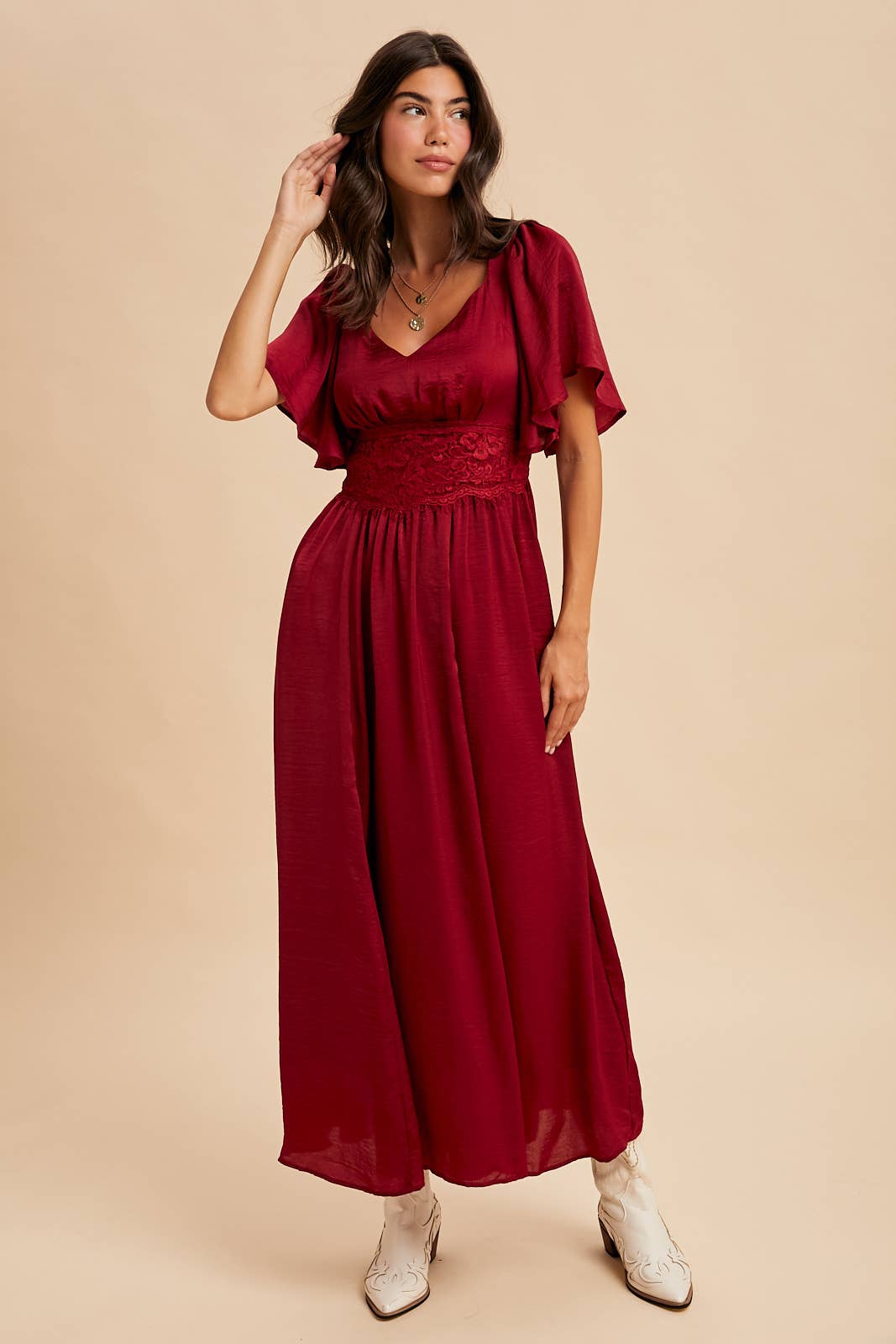 Washed Red Satin Lace Maxi Dress
