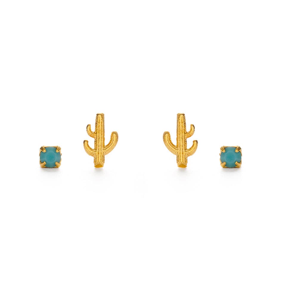 Cactus + Turquoise Stud Earring Set 14K gold plated brass