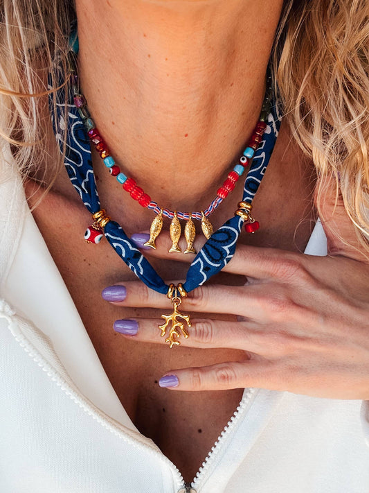 Bohemian Blue Bandana Charm Necklace with & Colorful Beaded Fish