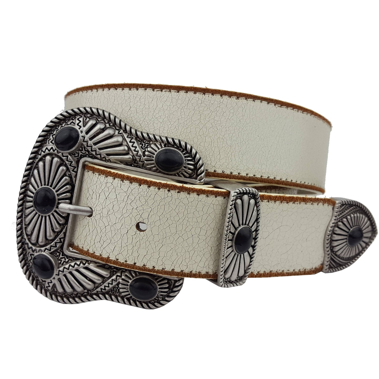 Vintage White Leather Belt with Western Turquoise Buckle Set