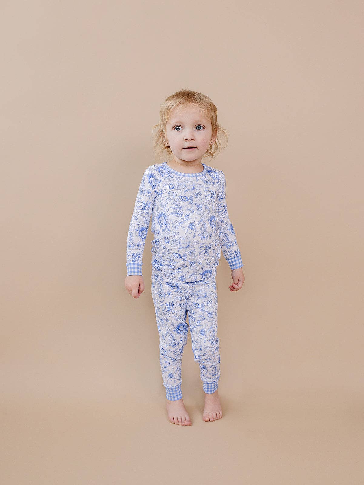 Kids Bamboo Two Piece Pajama and Loungewear Set - Gingham with Blue Flowers