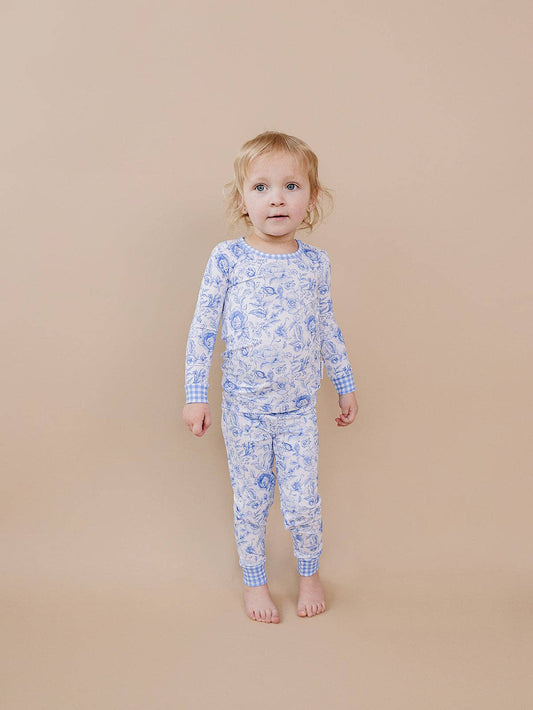 Kids Bamboo Two Piece Pajama and Loungewear Set - Gingham with Blue Flowers